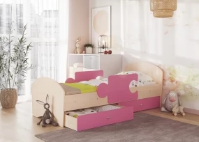 Детская кровать Мозаика, дуб + розовый ( с бортиками и ящиками)